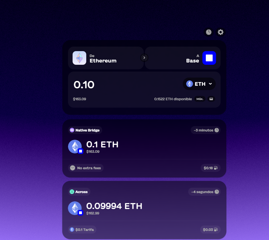 Seleccionar origen Ethereum, destino Base y monto en Superbridge