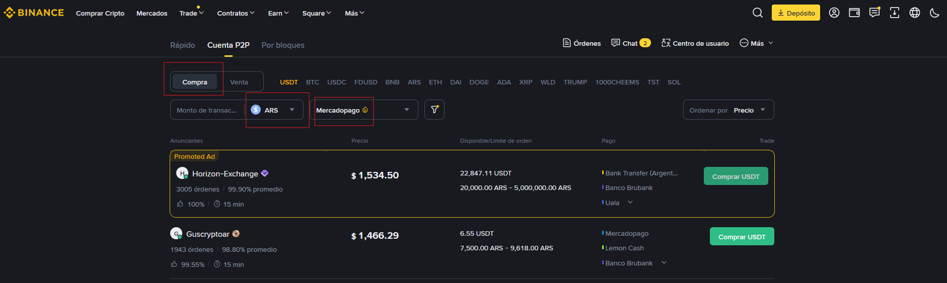 Paso 5: Interfaz de compra de USDT en el mercado P2P de Binance