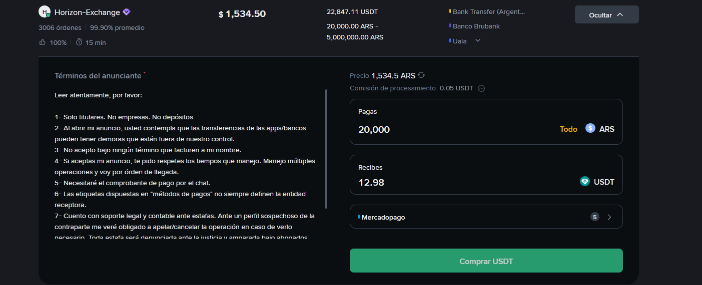 Paso 6: Interfaz de compra de USDT en el mercado P2P de Binance