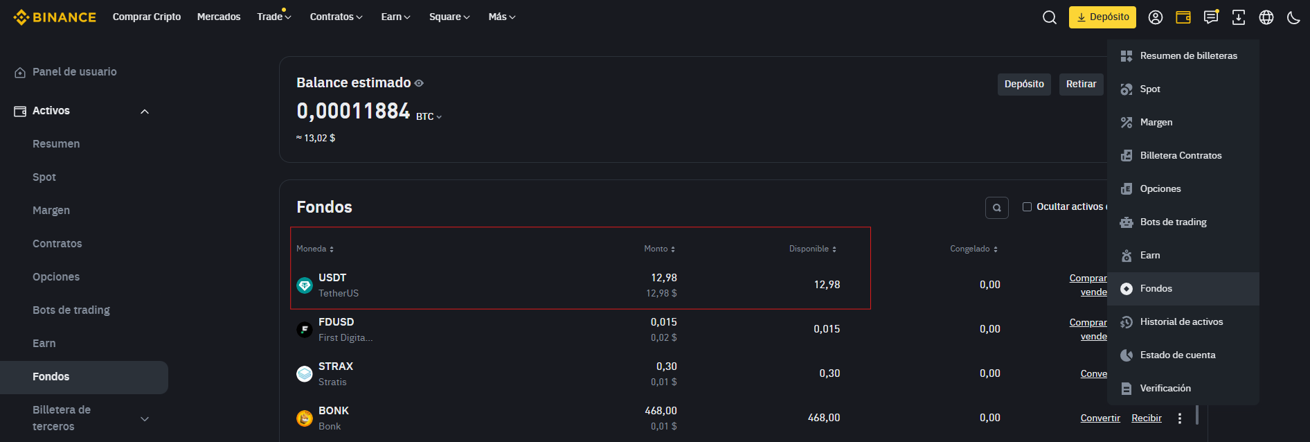 Paso 7: Transferencia USDT Fondos a Spot