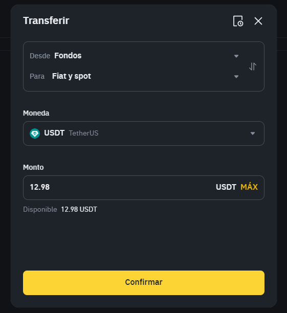 Paso 8: Transferencia USDT Fondos a Spot
