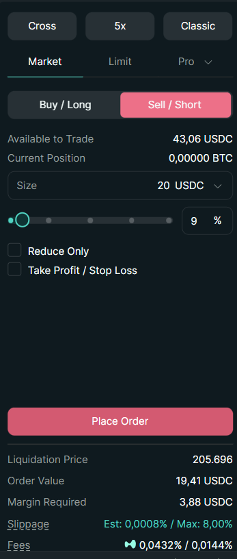 Paso 6 y 7: Interfaz de Trading seleccionando BTC-USDC